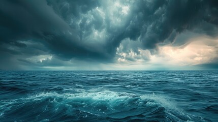 A stormy ocean with dark clouds and a bright sun