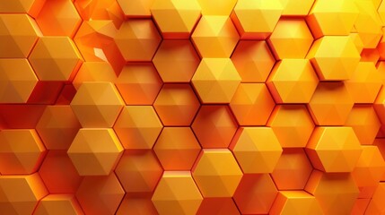 This flat design illustration showcases a 3D background with hexagons in warm tones of orange and yellow. The hexagons are layered to create a textured effect, adding depth and interest to the