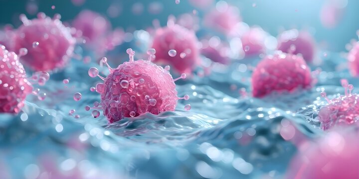 3D rendering of tumor microenvironment with cancer cells Tcells nanoparticles and vessels. Concept Tumor Microenvironment, Cancer Cells, T Cells, Nanoparticles, Blood Vessels