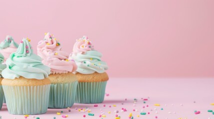 Whimsical display of pastel cupcakes with colorful sprinkles, free space for text