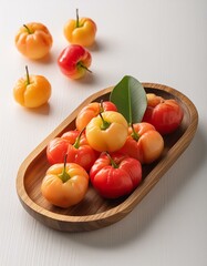 Acerola cherry ,high vitamin C fruits in wooden tray 