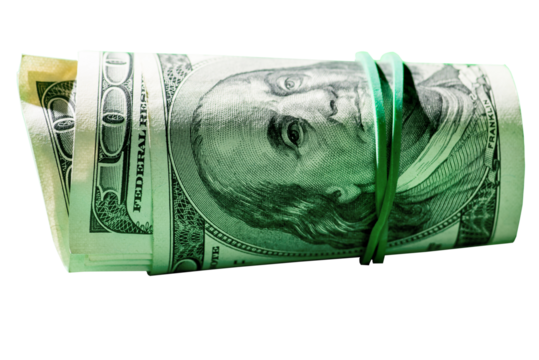 Rolled up US money with an elastic band