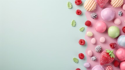 Playful arrangement of pastel marzipan fruits, free space for text