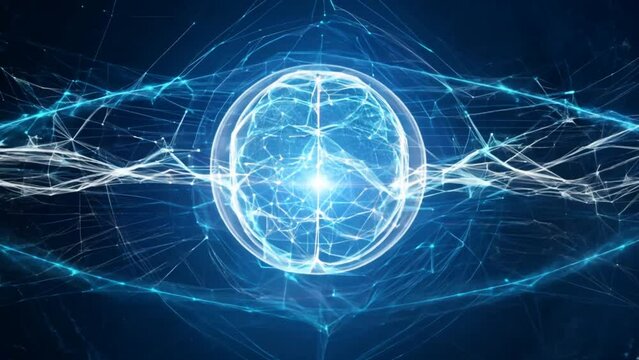 Artificial intelligence brain animation, big data flow analysis, deep learning, modern technologies, super fast technology network connection.