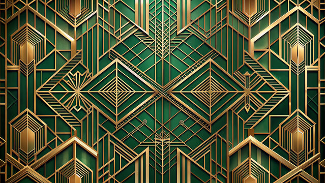Luxurious abstract architecture background in art deco style featuring intricate golden lines and geometric patterns on a rich emerald green background.