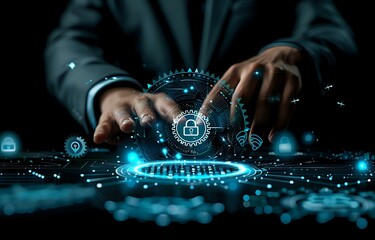 Businessperson interacting with a glowing digital interface featuring a security padlock icon. Ideal for cybersecurity themes, tech blogs, and digital security designs.