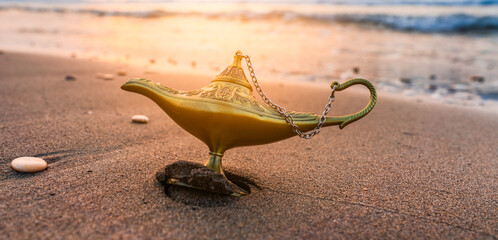 Wish lamp, the lamp from which the genie emerges	