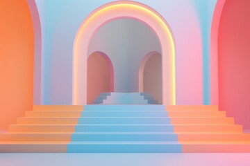 Fototapeta premium An abstract blue space with stairs and curved shapes