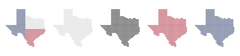 Fototapeta premium Set of Texas map icons in dots. Texas map icon with national ensign drawn in dotted style. Symbol of Texas.