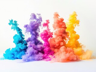 Fototapeta premium dramatic sequence of colorful smoke bomb explosions against a stark white background billowing clouds in vibrant hues create an ephemeral dreamlike atmosphere
