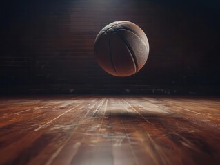 dynamic lowangle view of a basketball suspended midair above a polished hardwood court dramatic lighting accentuates the balls texture and creates bold shadows