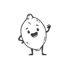 Cute cartoon lemon with smile isolated on white background. Funny character lemon in doodle style. 