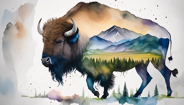Double exposure of buffalo and mountain landscape in watercolor - Powered by Adobe