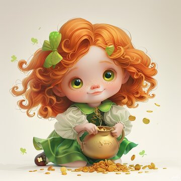 Realistic photo, st patrick corcet pot of gold rainbow , complete stand up enchanted cute adorable sweetness beautiful freckles girl , wearing a st patrick outfit, having big wavey hair