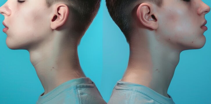 A man's before and after results after jawline surgery, submental liposuction, and rhinoplasty.
