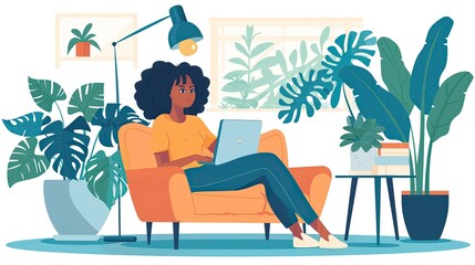 Obraz premium A woman is sitting on a couch in a room with plants. She is using a laptop. The room has a modern and relaxed atmosphere