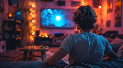 An individual sits comfortably in a cozy, warmly lit environment, watching a movie on a big screen TV, surrounded by decorative lights and homely elements, reflecting peace.