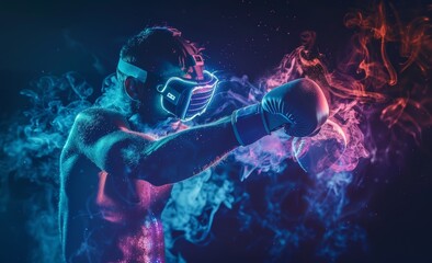 Obraz premium The photograph shows a man wearing VR glass smashing at a camera and using digital technology to move in a neon boxing arena while using digital technology innovation.