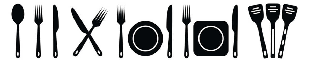 Fork, knife, spoon and plate set icons. Tableware set flat style. Dinnerservice collection.