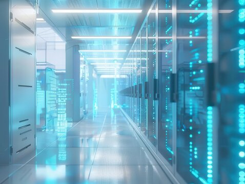futuristic data center with sleek translucent server racks emitting soft blue light holographic displays float in air showing realtime data streams minimalist design hightech ambiance