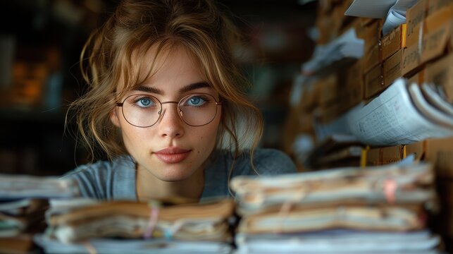 A young woman with glasses sorts through a stack of files in an archive room. The room is filled with documents, showcasing her meticulous nature and dedication to organization.