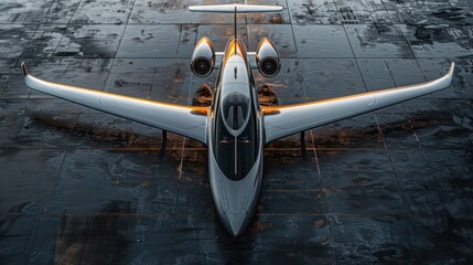 A modern, futuristic aircraft with a sleek and innovative design, captured on a runway, highlighting advanced technology and aerodynamics in aviation excellence.