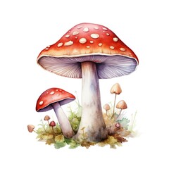 A red mushroom amanita with white spots sits on a white background