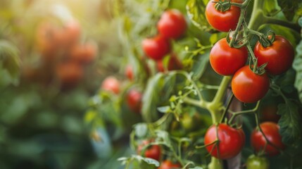 Organic vegetable farm and gardening with ripe red tomatoes hanging from a tomato tree on a green foliage background.