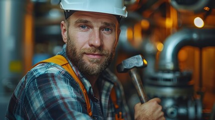 In this image, a plumber wearing a white hard hat demonstrates focus and skill while holding a hammer and working on intricate piping and valve systems, embodying precision and expertise.