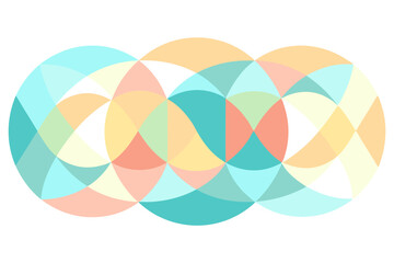 Abstract geometric pattern with overlapping circles and triangles in pastel colors, on a white background
