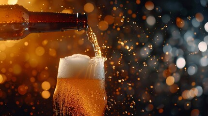 A motion of beer pouring into a glass against a night background of bokeh light
