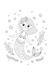 Coloring page with a little mermaid. Childrens cute magic character. Vector illustration of fairy tale undersea life