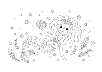 Coloring page with a little mermaid. Childrens cute magic character. Vector illustration of fairy tale undersea life