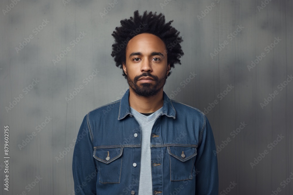 Poster portrait of a tender afro-american man in his 30s sporting a rugged denim jacket in front of minimal