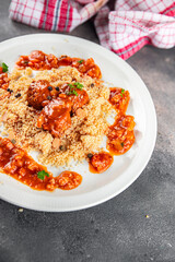 couscous food meat balls vegetable sauce tasty fresh meal snack on the table copy space food background rustic top view