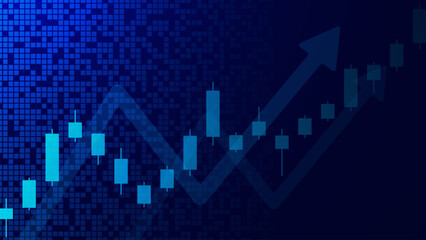 Business candlesticks and up trend on technology blue background. Economic growing graph chart with glowing light. Stock market, forex trading and financial investment concept.