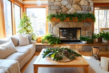 Cozy Stone Fireplace Surrounded by Bay Leaf Decor in Comfortable Living Room