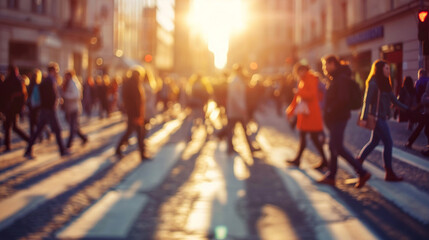 A blur image of a large crowd of people crossing a street at a zebra crossing
