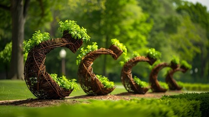 Naklejka premium Rebar Sculptures with Hanging Stevia Baskets Adorning a Picturesque Public Park