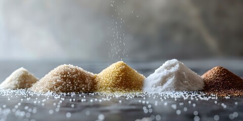 Closeup of various sweeteners like erythritol fructose sucralose and stevia. Concept Sweeteners, Food Photography, Closeup Shots, Erythritol, Fructose, Sucralose, Stevia