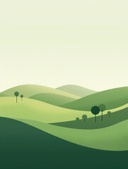Landscape illustration of trees on flat green hills with undulating winds