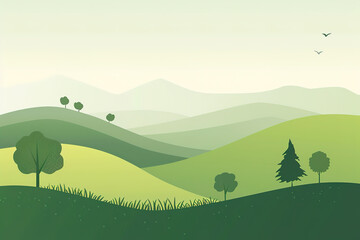 Fototapeta premium Landscape illustration of trees on flat green hills with undulating winds