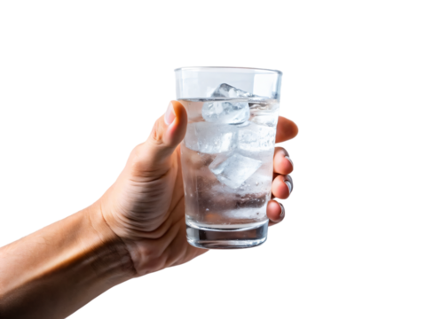 A close-up of a hand holding a clean glass filled with iced water