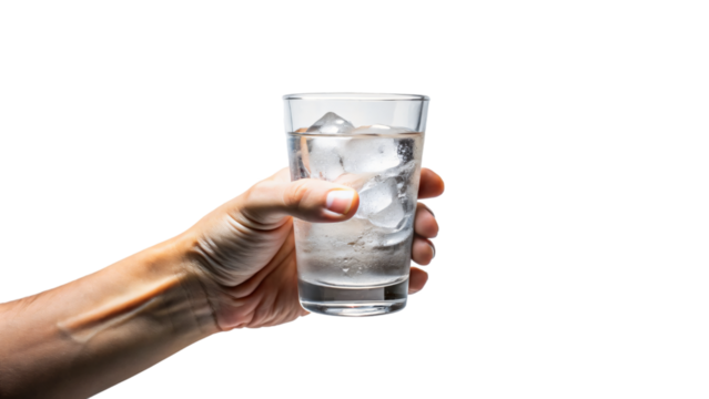 A close-up of a hand holding a clean glass filled with iced water