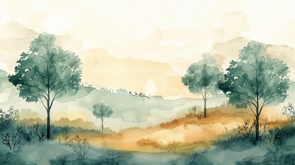 A serene watercolor landscape featuring trees and a calming natural environment, ideal for peaceful designs.