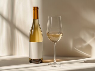 Elegant Still Life with White Wine Bottle and Glass in Soft Warm Light Mokup

