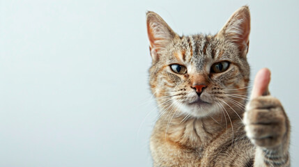 Cat Is Giving The Thumbs Up Gesture In A Close-up Portrait Photograph Against A White Background