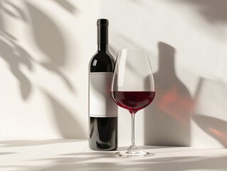 Elegant Still Life with Red Wine Bottle and Glass in Soft Shadows Mokup

