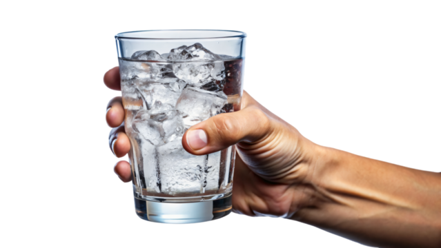 A close-up of a hand holding a clean glass filled with iced water