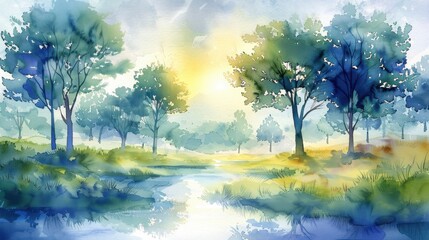 A serene watercolor landscape featuring trees and a calming natural environment, ideal for peaceful designs.